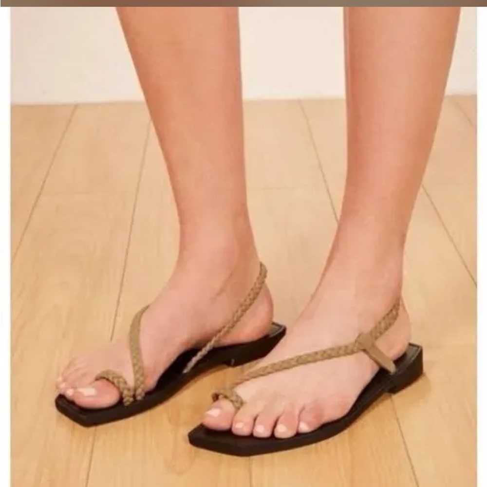 Brand New! Reformation Black Sandals With Suede Tan Braided Straps Size 8